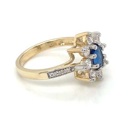 9ct Gold Syn Sapphire & CZ Cluster/CZ Shoulder Ring GRS226