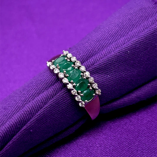 9ct Gold Emerald and Diamond Three Row Ring GRE066