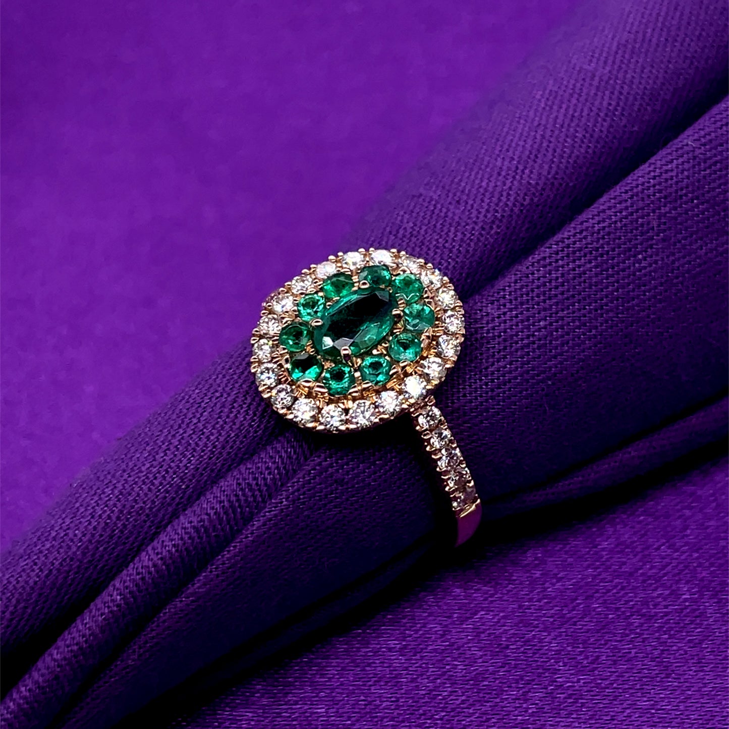 9ct Gold Emerald & Diamond Double Cluster Ring GRE074