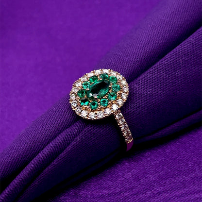 9ct Gold Emerald & Diamond Double Cluster Ring GRE074