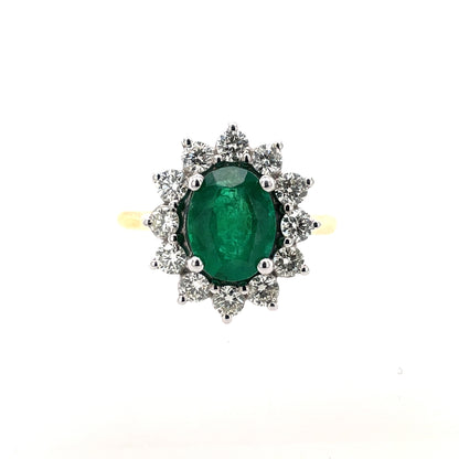 18ct Gold Emerald & Diamond 0.75ct Oval Cluster Ring GRE098