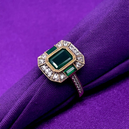 9ct Gold Green Agate & CZ Deco Style Ring GRE131