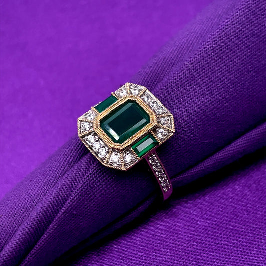 9ct Gold Green Agate & CZ Deco Style Ring GRE131