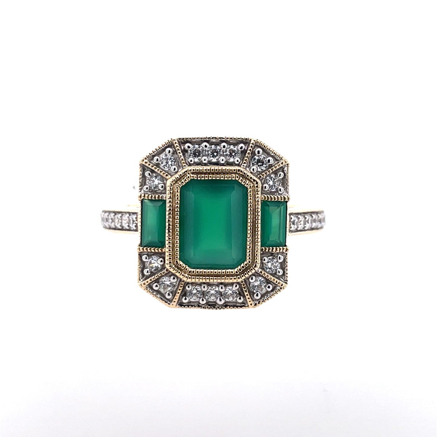 9ct Gold Green Agate & CZ Deco Style Ring GRE131