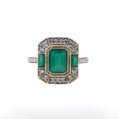 9ct Gold Green Agate & CZ Deco Style Ring GRE131