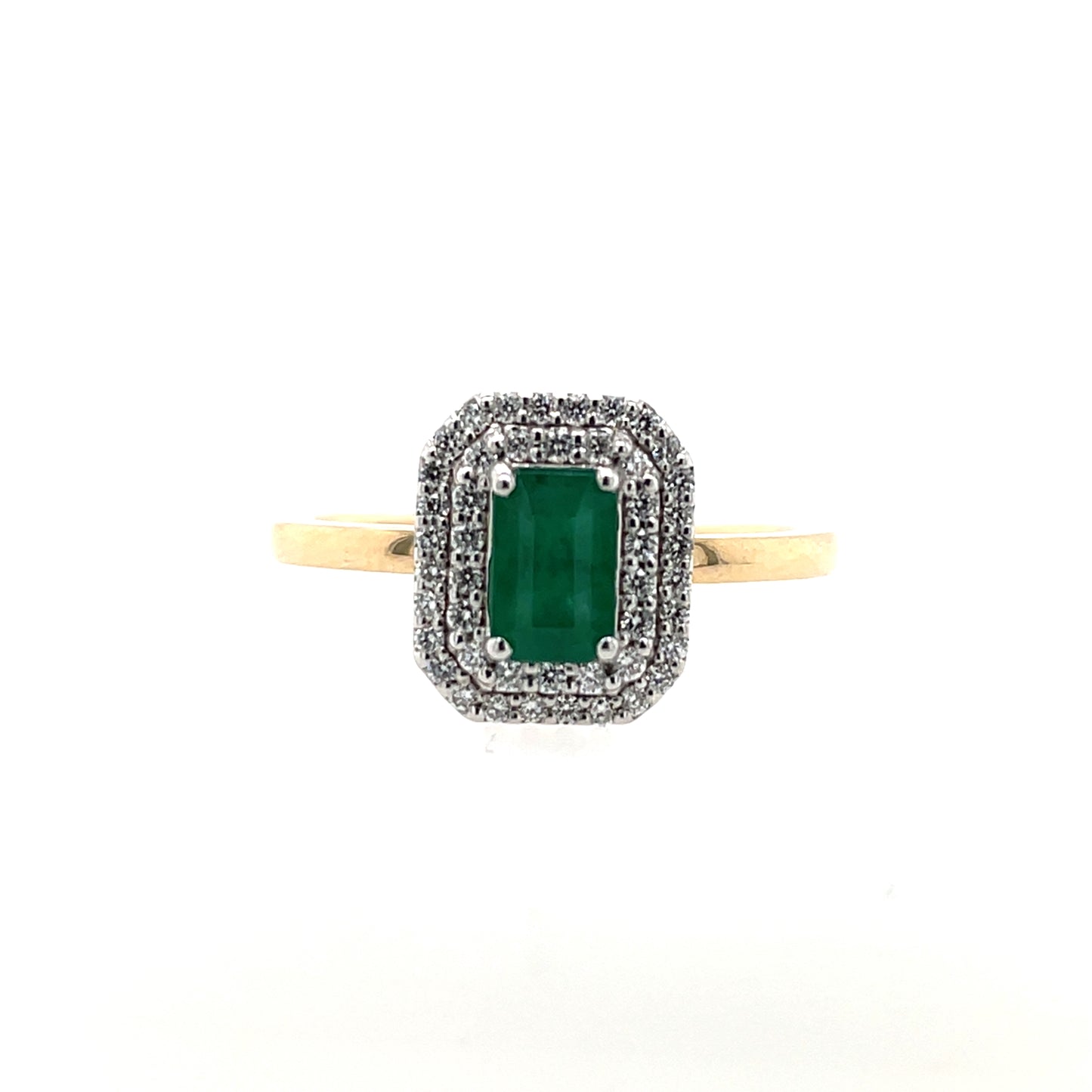 9ct Gold Emerald & Diamond 0.20ct Rectangular Double Halo Ring GRE126