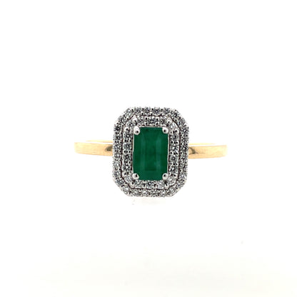 9ct Gold Emerald & Diamond 0.20ct Rectangular Double Halo Ring GRE126