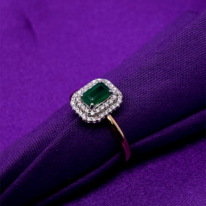 9ct Gold Emerald & Diamond 0.20ct Rectangular Double Halo Ring GRE126