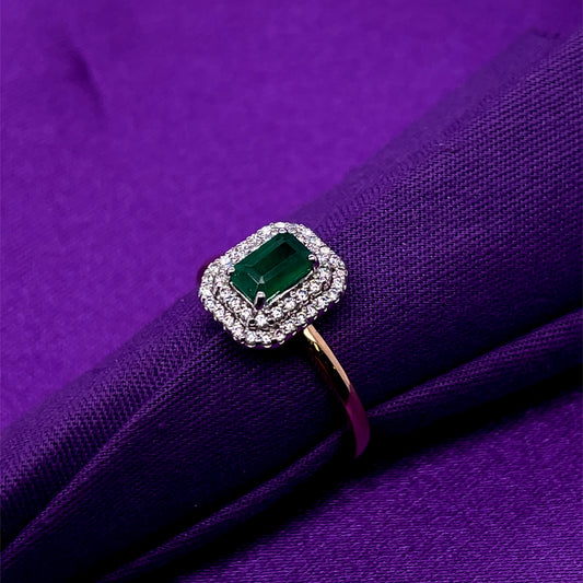 9ct Gold Emerald & Diamond 0.20ct Rectangular Double Halo Ring GRE126