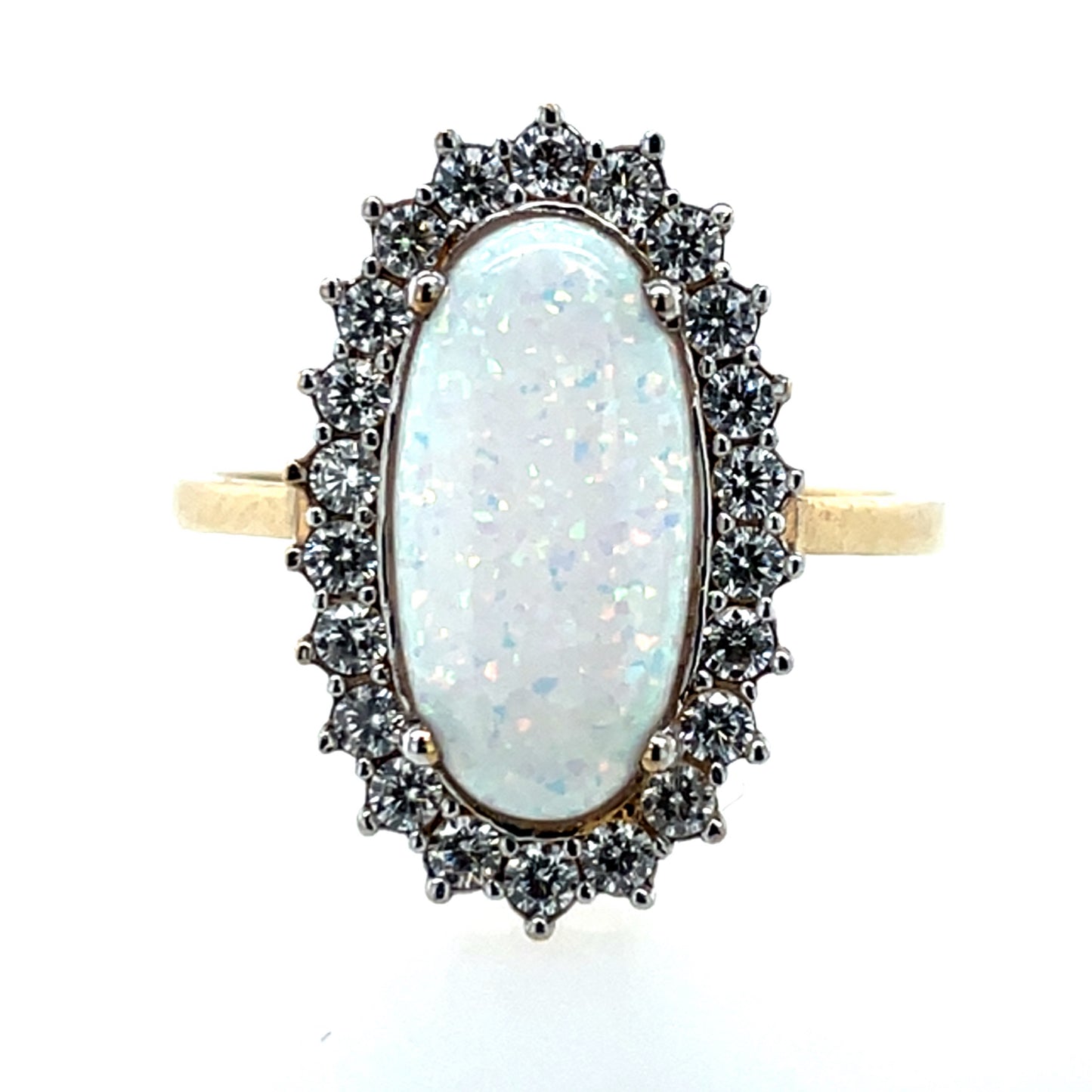 9ct  Gold  Created Opal & CZ Oblong Cluster Ring GRL29