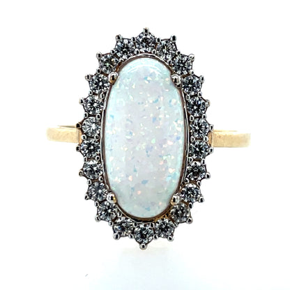 9ct  Gold  Created Opal & CZ Oblong Cluster Ring GRL29
