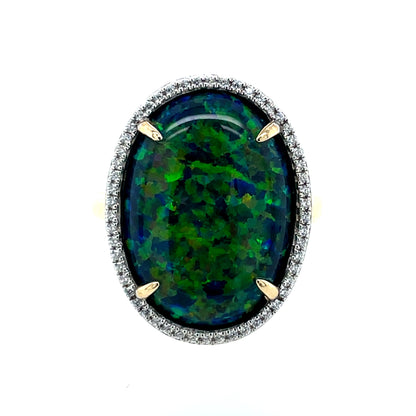 9ct Gold Created Black Opal & CZ Oval Halo RingGRL39