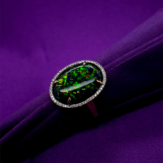 9ct Gold Created Black Opal & CZ Oval Halo RingGRL39