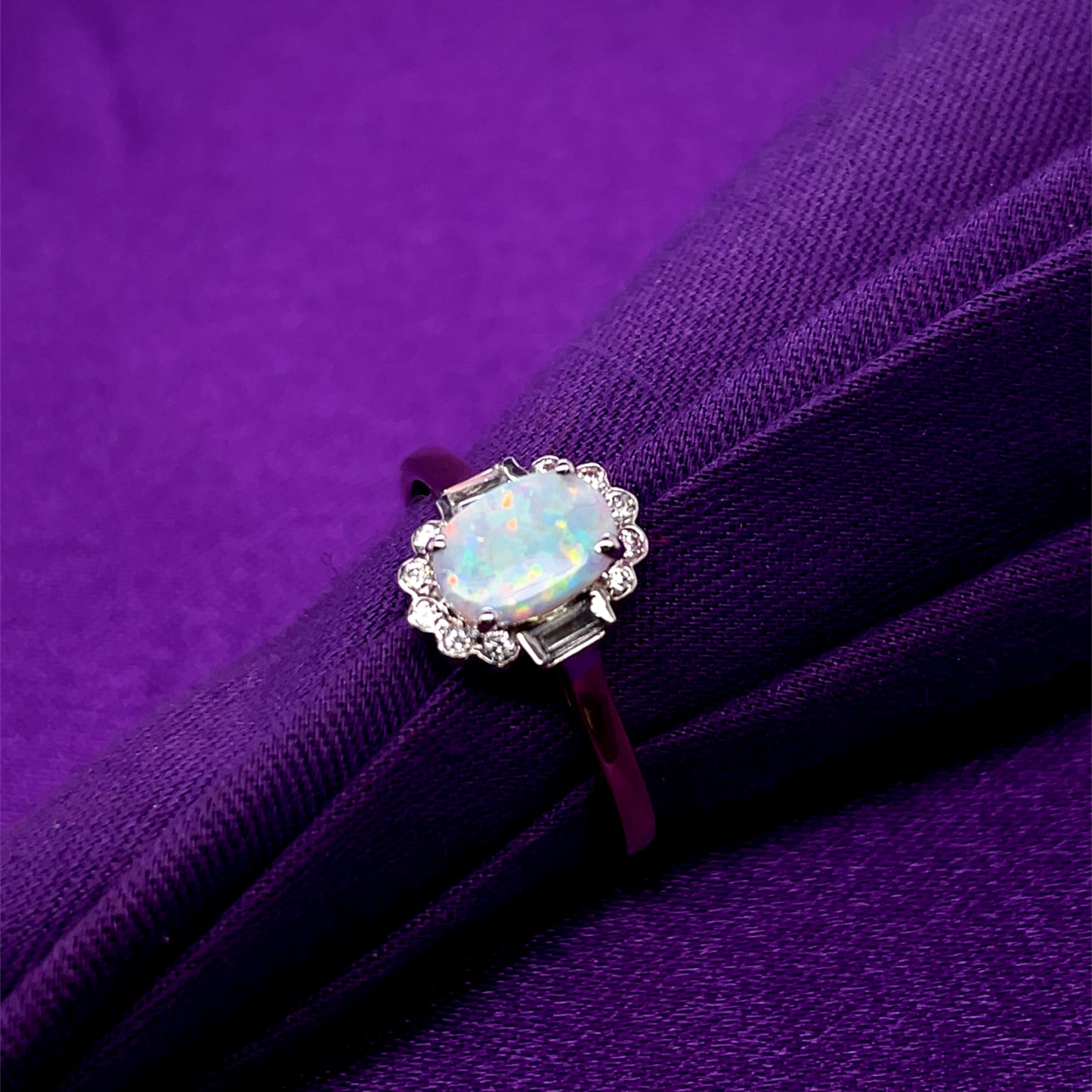 9ct Gold Created Opal CZ Deco Style Ring GRL56