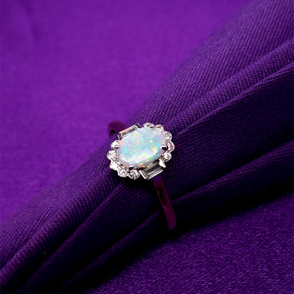 9ct Gold Created Opal CZ Deco Style Ring GRL56