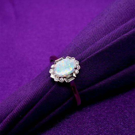 9ct Gold Created Opal CZ Deco Style Ring GRL56