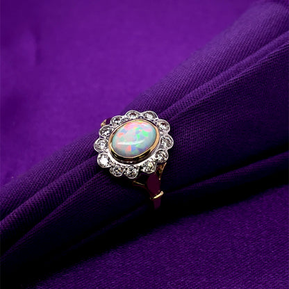 9ct Gold Created Opal & CZ Vintage Cluster Ring GRL71