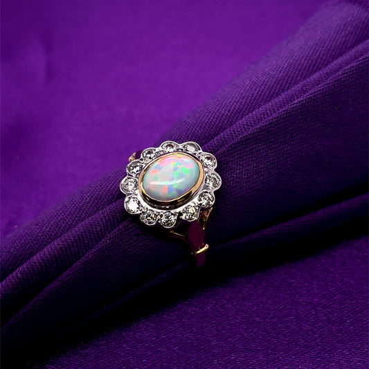 9ct Gold Created Opal & CZ Vintage Cluster Ring GRL71