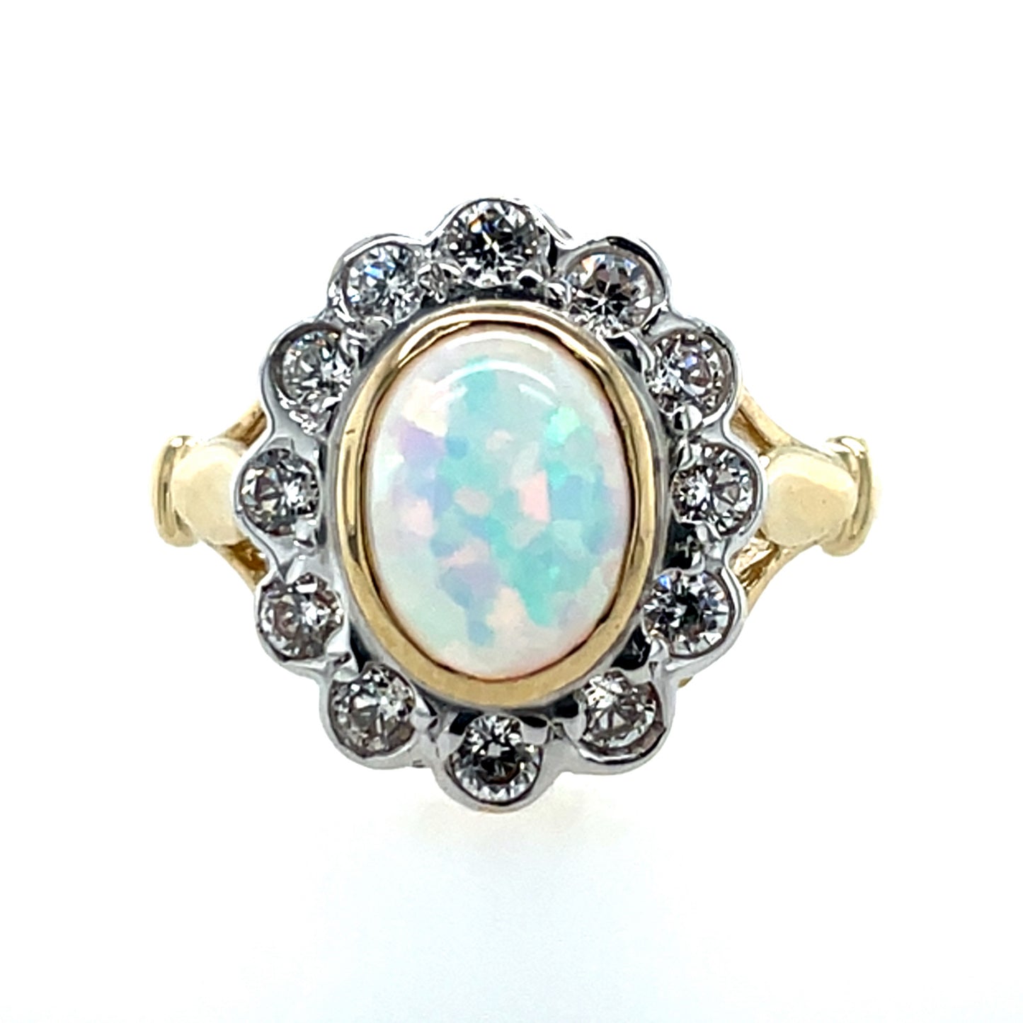 9ct Gold Created Opal & CZ Vintage Cluster Ring GRL71