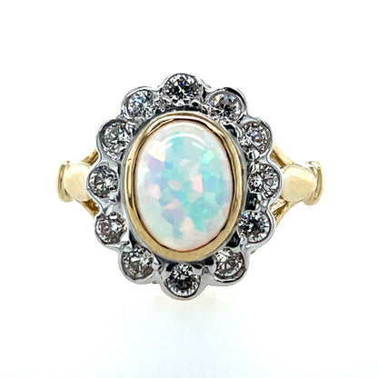 9ct Gold Created Opal & CZ Vintage Cluster Ring GRL71