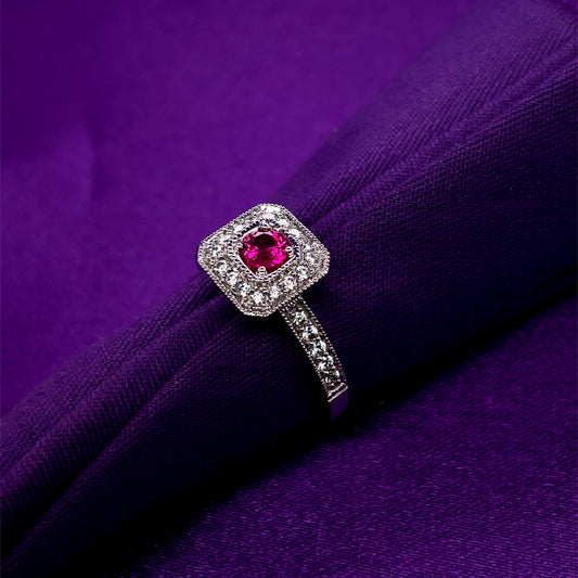 9ct White Gold Ruby & CZ Cushion Halo Ring GRR045