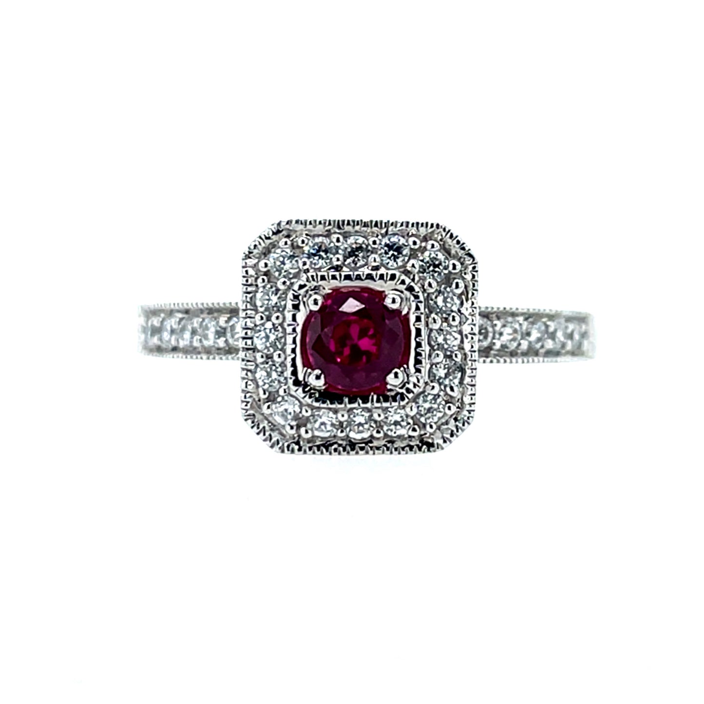 9ct White Gold Ruby & CZ Cushion Halo Ring GRR045