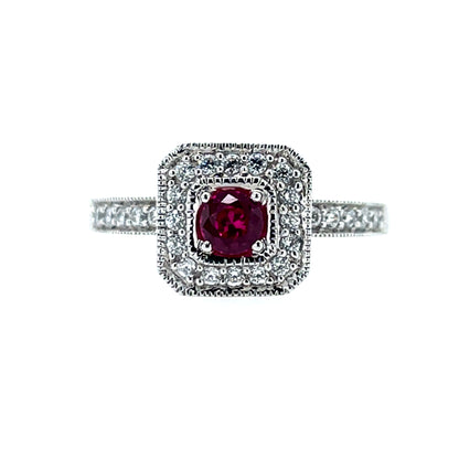 9ct White Gold Ruby & CZ Cushion Halo Ring GRR045