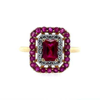 9ct Gold  Created Ruby & CZ Rectangular Halo Ring GRR088