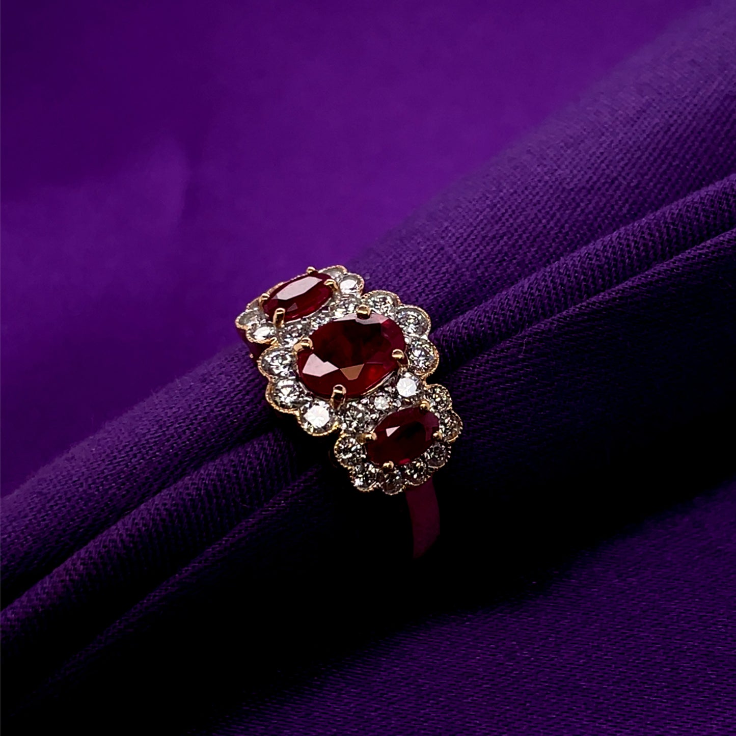 18ct Gold Ruby & Diamond Halo Three Stone Ring GRR123