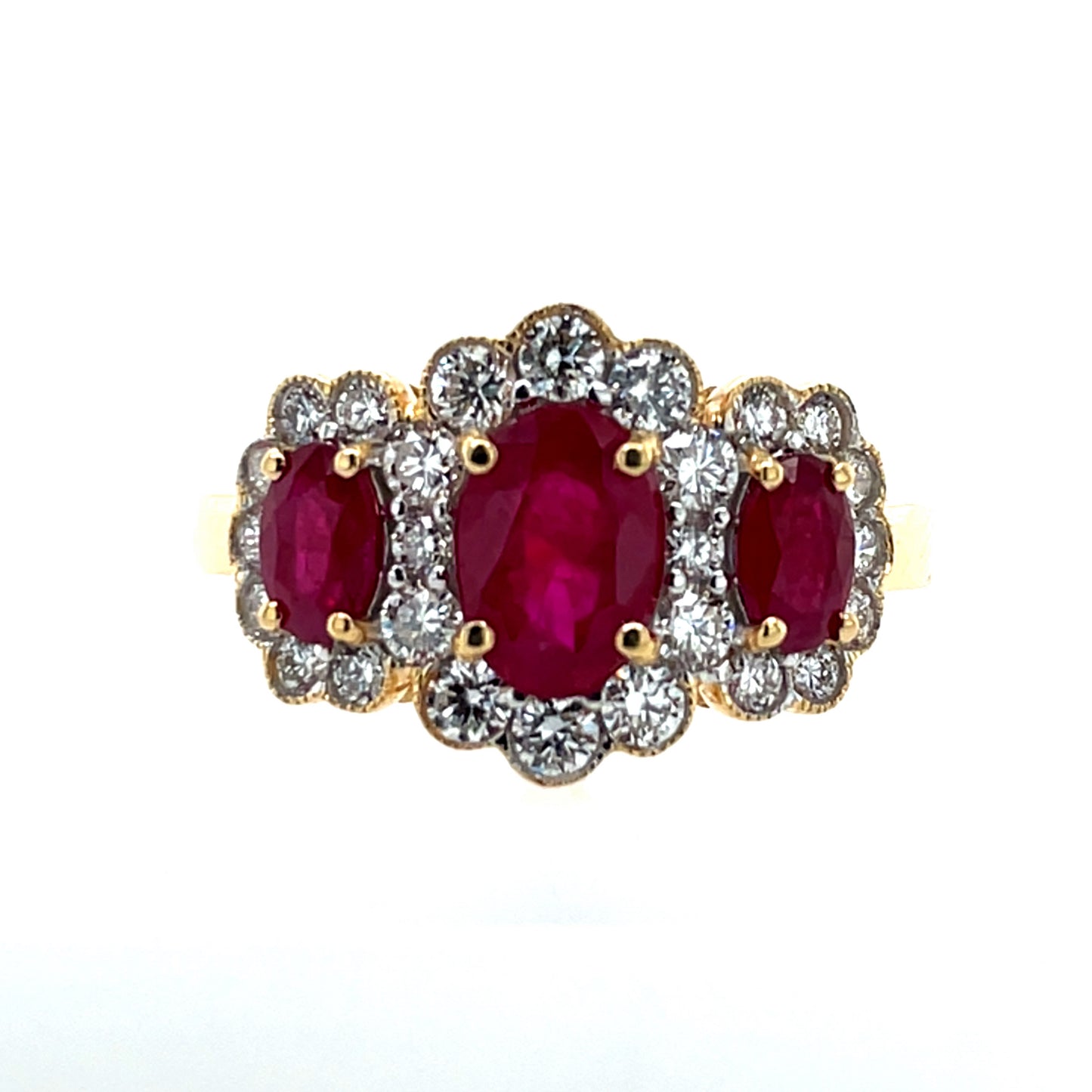 18ct Gold Ruby & Diamond Halo Three Stone Ring GRR123