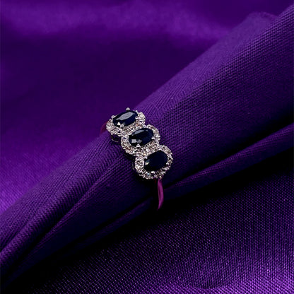 9ct Gold Sapphire & Diamond 3 Halo Ring GRS232