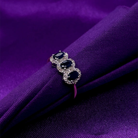 9ct Gold Sapphire & Diamond 3 Halo Ring GRS232