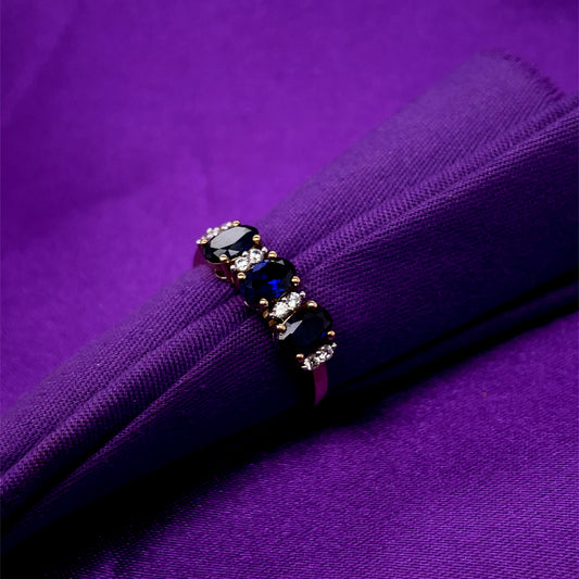 9ct Gold Sapphire CZ Trilogy Ring GRS254