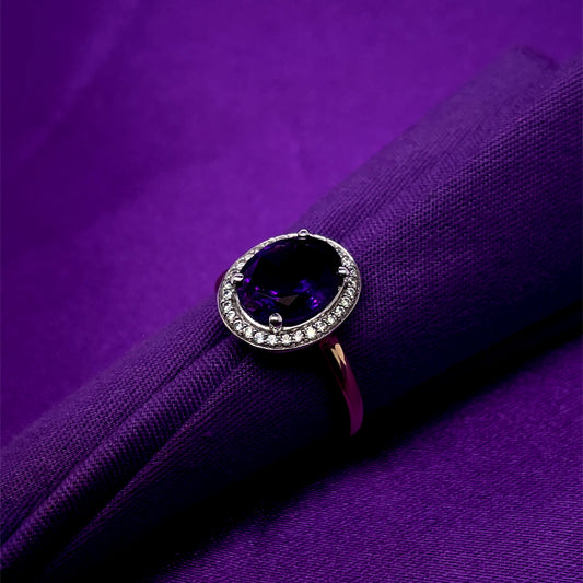 9ct Gold Amethyst & CZ Vintage Cluster Ring GRX180