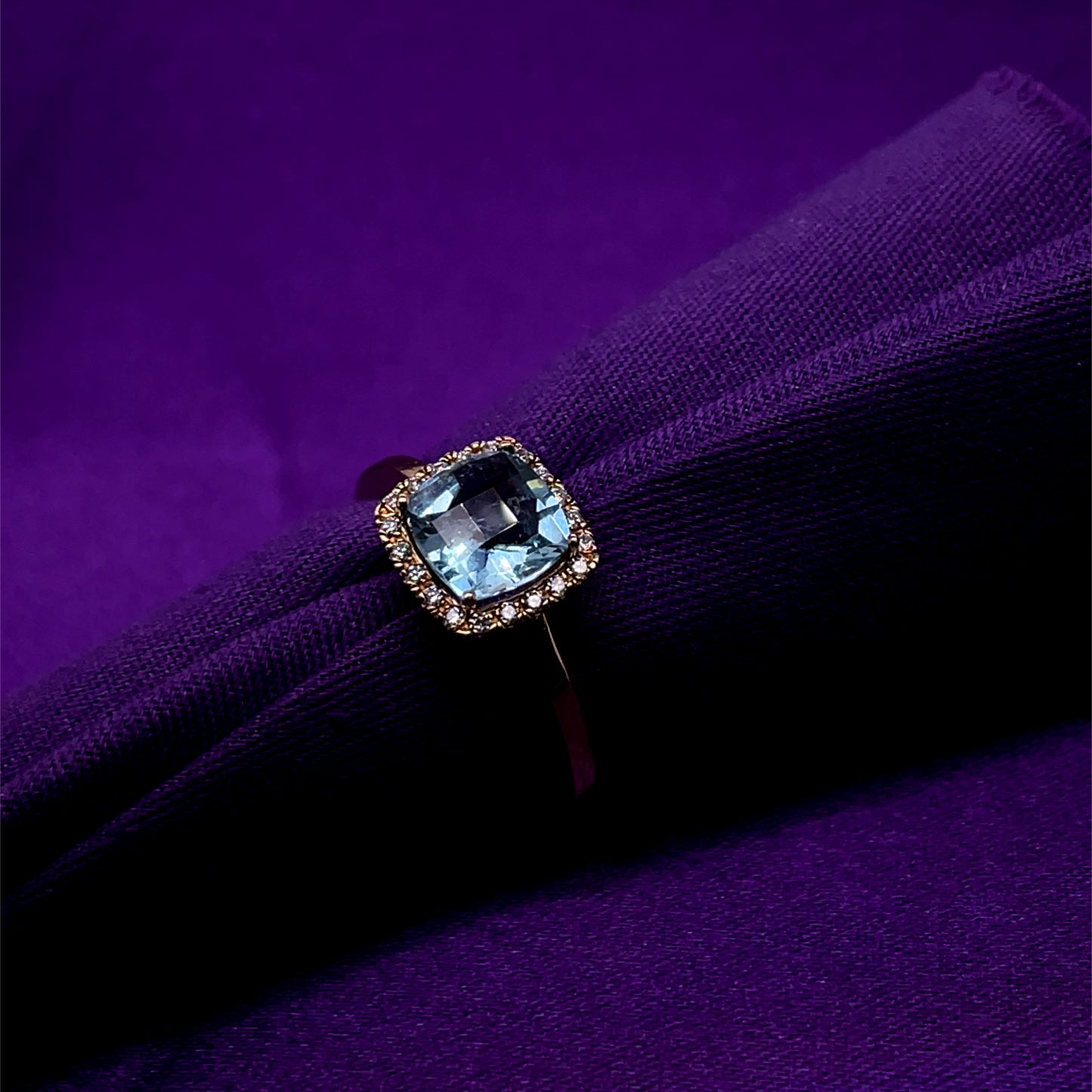 9ct Gold Aquamarine & Diamond Cushion Halo Ring GRX216