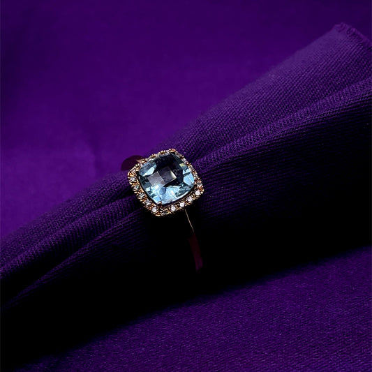 9ct Gold Aquamarine & Diamond Cushion Halo Ring GRX216