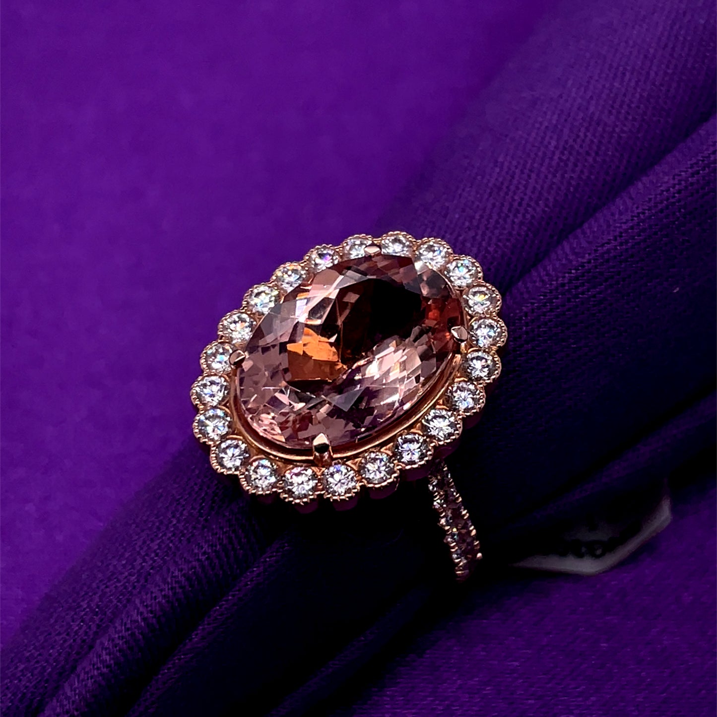 18ct Rose Gold Morganite & Diamond Oval Halo Ring GRX224