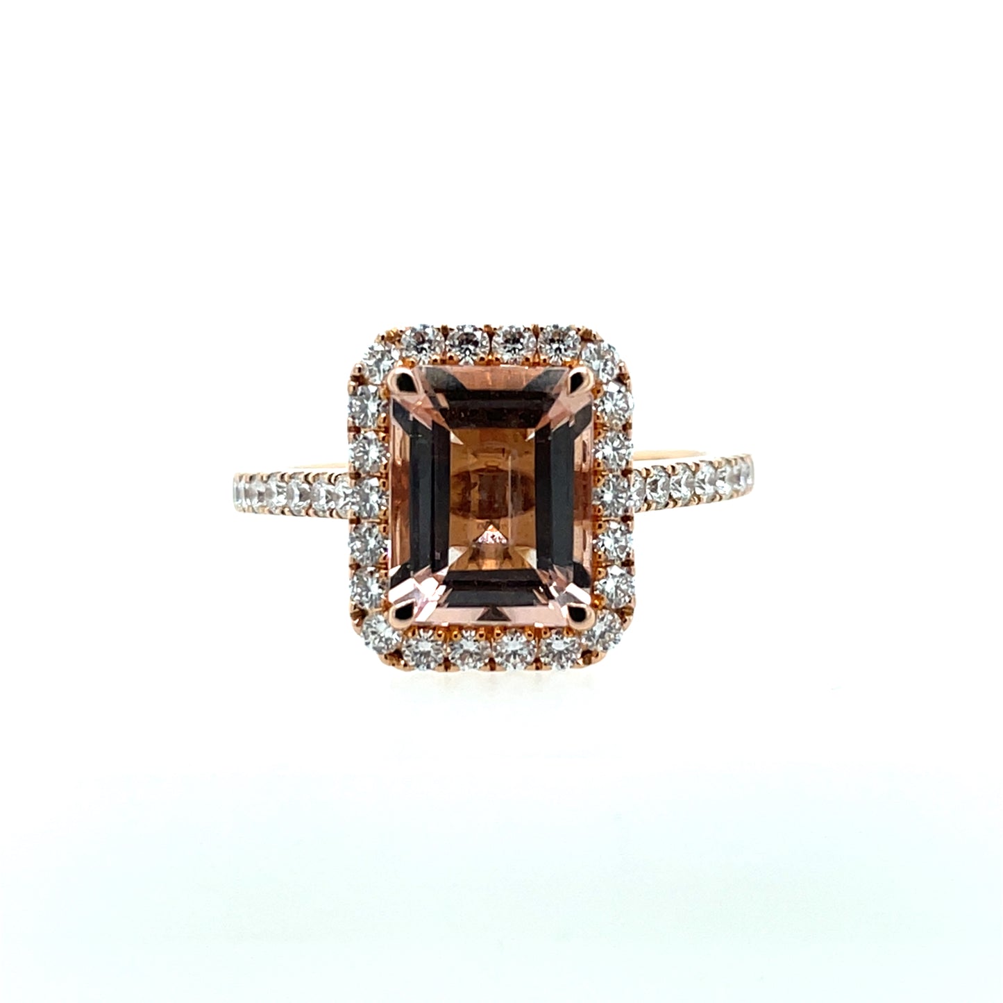 18ct Rose Gold Morganite & Diamond Rectangular Halo Ring GRX238