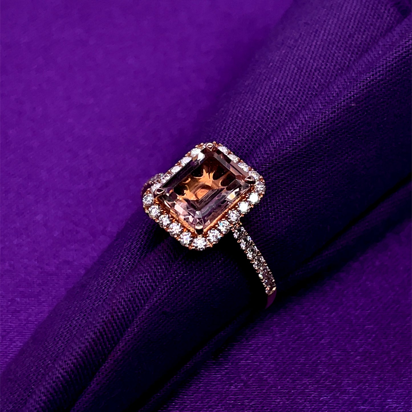 18ct Rose Gold Morganite & Diamond Rectangular Halo Ring GRX238