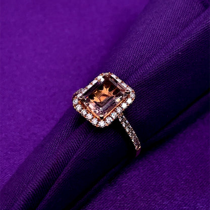 18ct Rose Gold Morganite & Diamond Rectangular Halo Ring GRX238