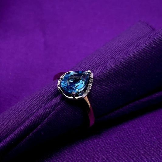 9ct Gold Blue Topaz Pear & Diamond Ring GRZ243