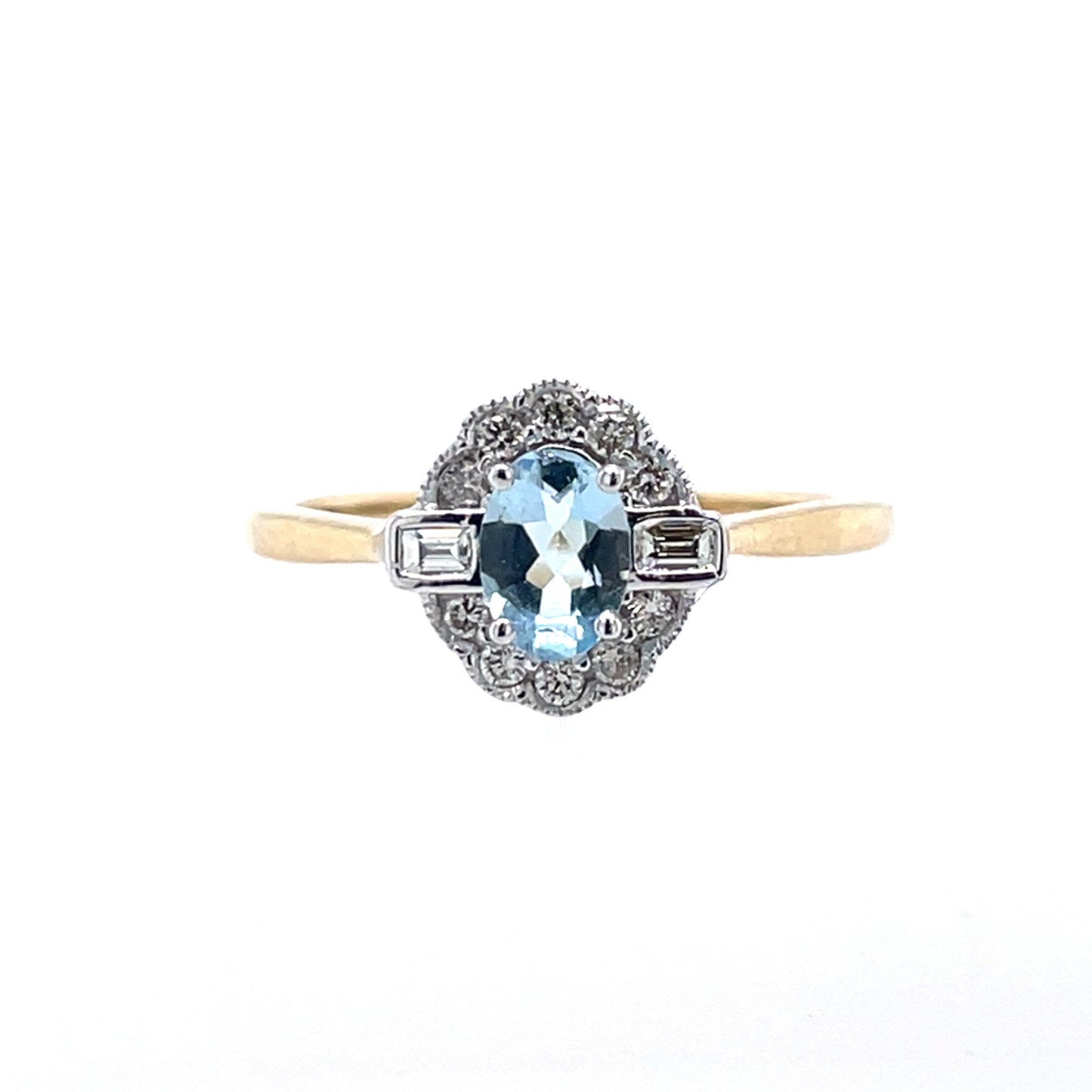 9ct Gold Aquamarine & Diamond Oval Vintage Lace Ring GRX247