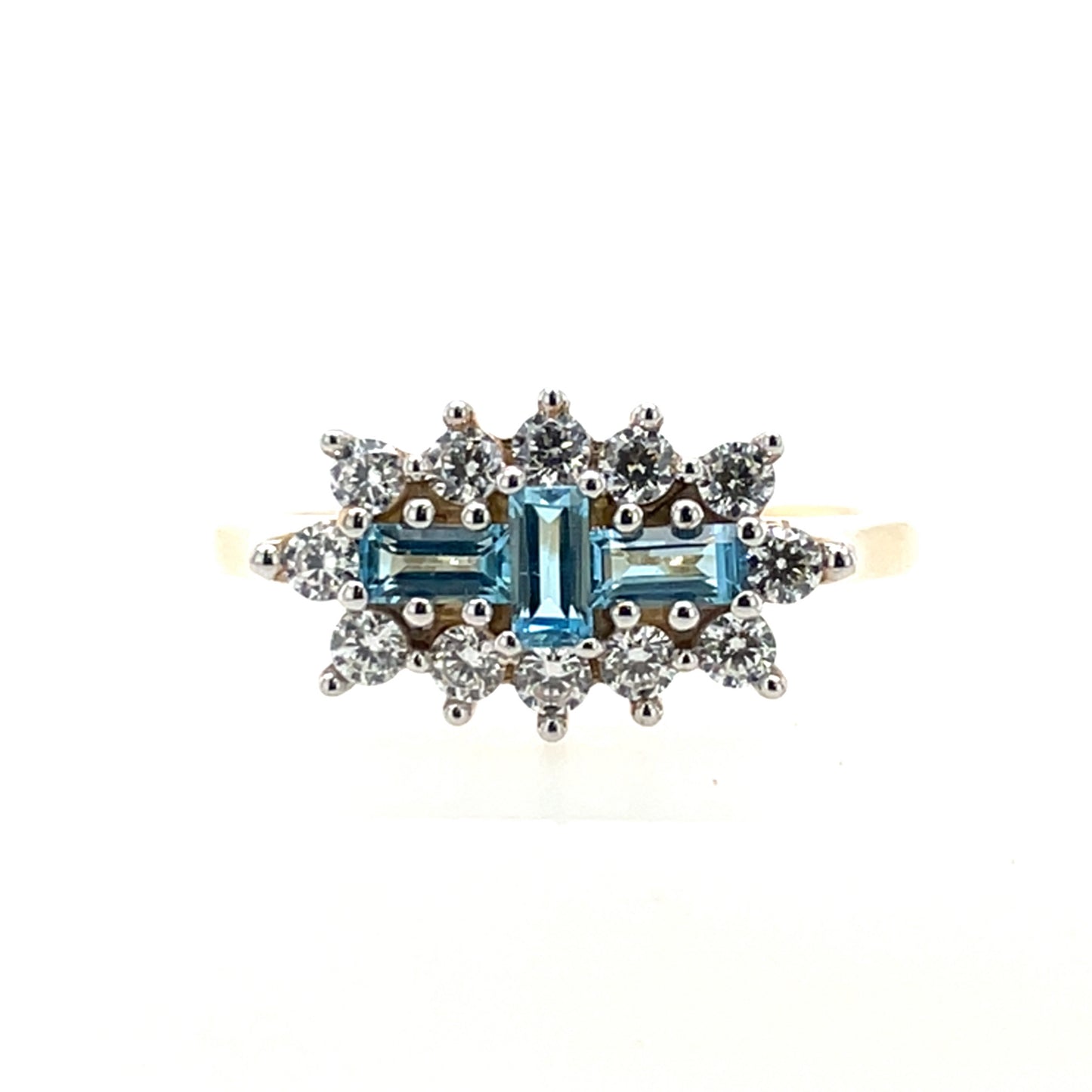 9ct Gold Blue Topaz & CZ Boat Cluster Ring GRX264