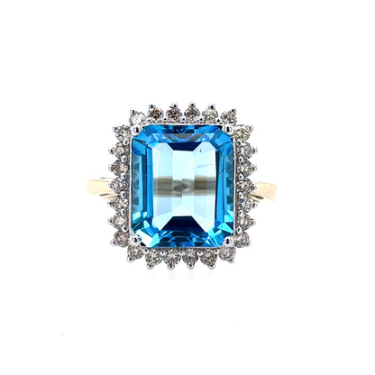 9ct Gold Blue Topaz & Diamond Rectangular Cocktail Ring GRX269