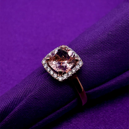 9ct Rose Gold Morganite & Diamond Cushion Halo Ring GRX274