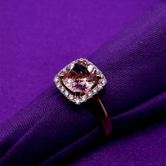 9ct Rose Gold Morganite & Diamond Cushion Halo Ring GRX274