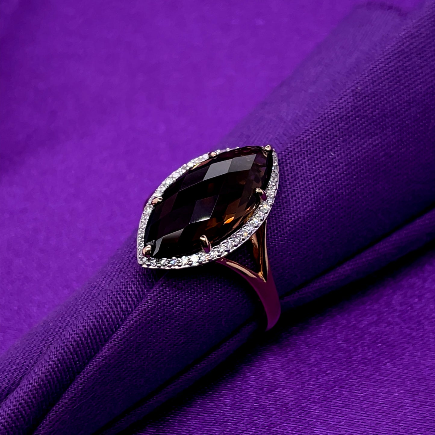 9ct Gold Marquise Smokey Quartz & Diamond Cocktail Ring GRX287