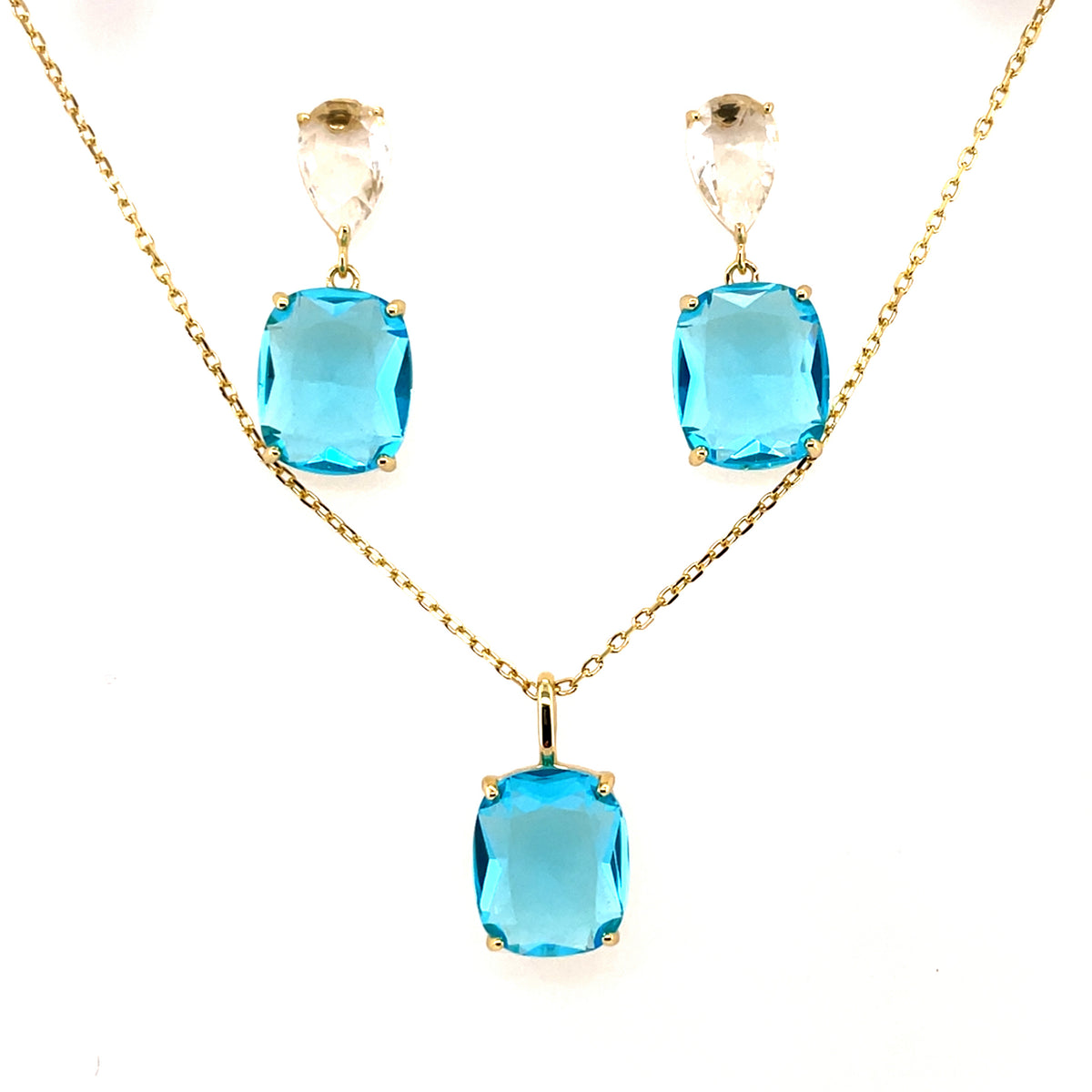 Gold-plated Silver Aqua CZ Pendant & Earring Set GL2286