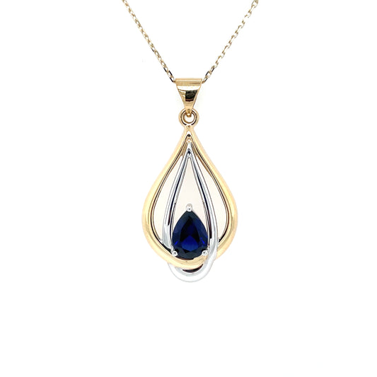 9ct Gold Created Sapphire & CZ Teardrop Pendant GPS89