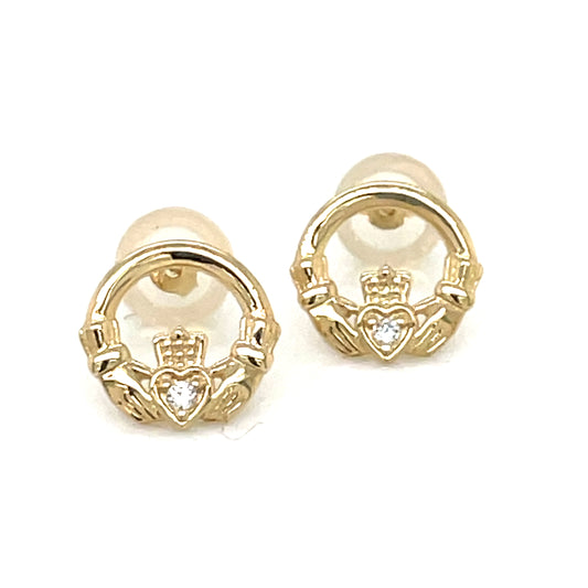 9ct Gold CZ Claddagh 9mm Stud Earrings GEZ679